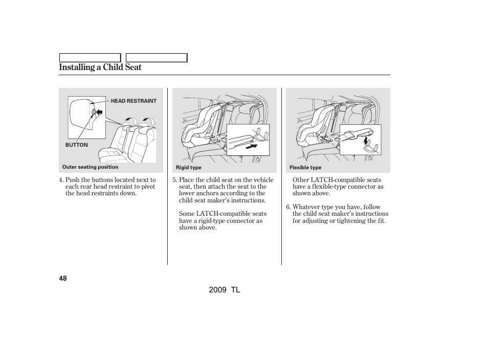 Installing a child seat | Acura 2009 TL User Manual | Page 51 / 648