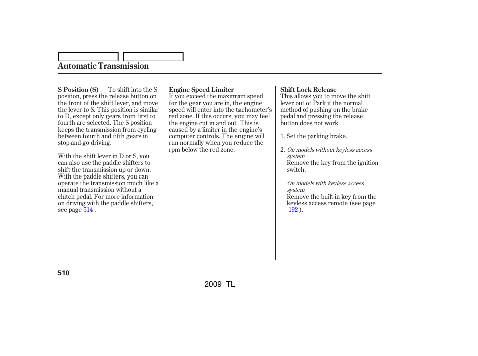 Automatic transmission | Acura 2009 TL User Manual | Page 513 / 648