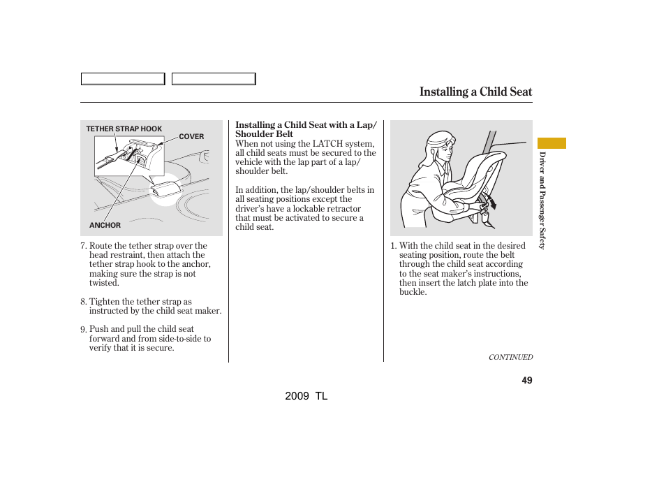Installing a child seat, 2009 tl | Acura 2009 TL User Manual | Page 52 / 648