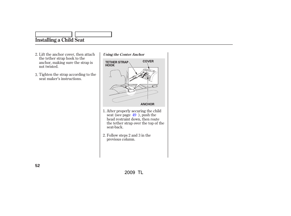 Installing a child seat | Acura 2009 TL User Manual | Page 55 / 648