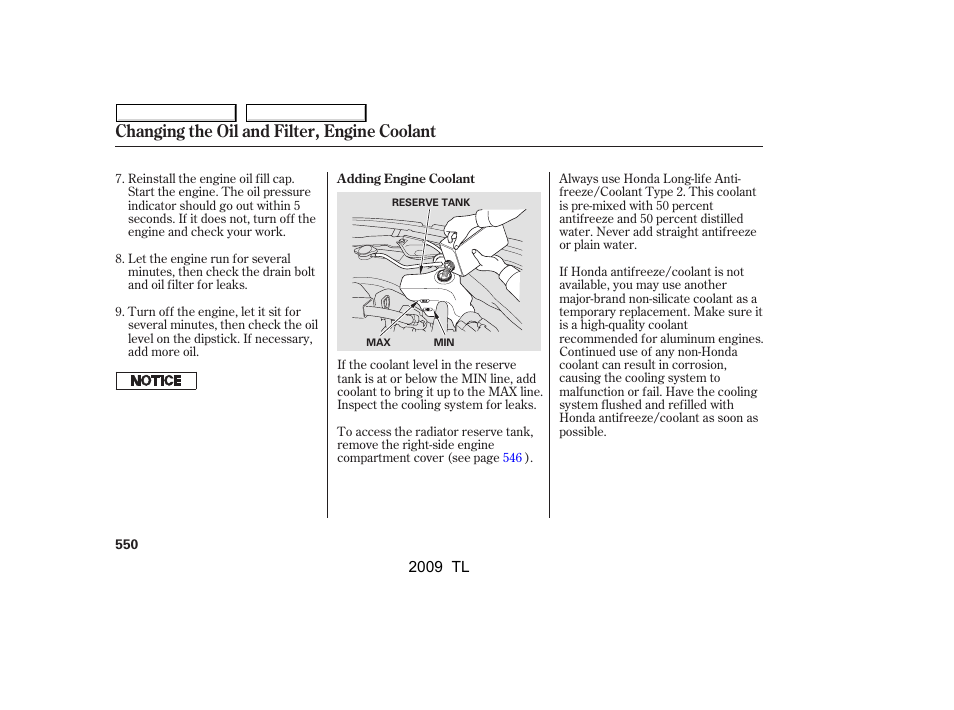 Changing the oil and filter, engine coolant | Acura 2009 TL User Manual | Page 553 / 648