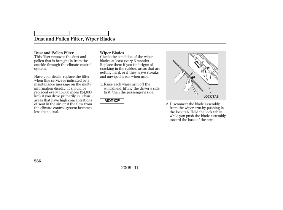 Dust and pollen filter, wiper blades | Acura 2009 TL User Manual | Page 569 / 648