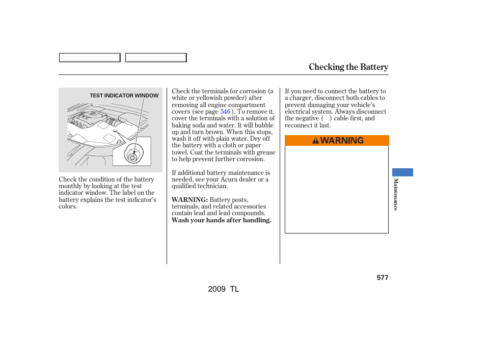 Checking the battery | Acura 2009 TL User Manual | Page 580 / 648