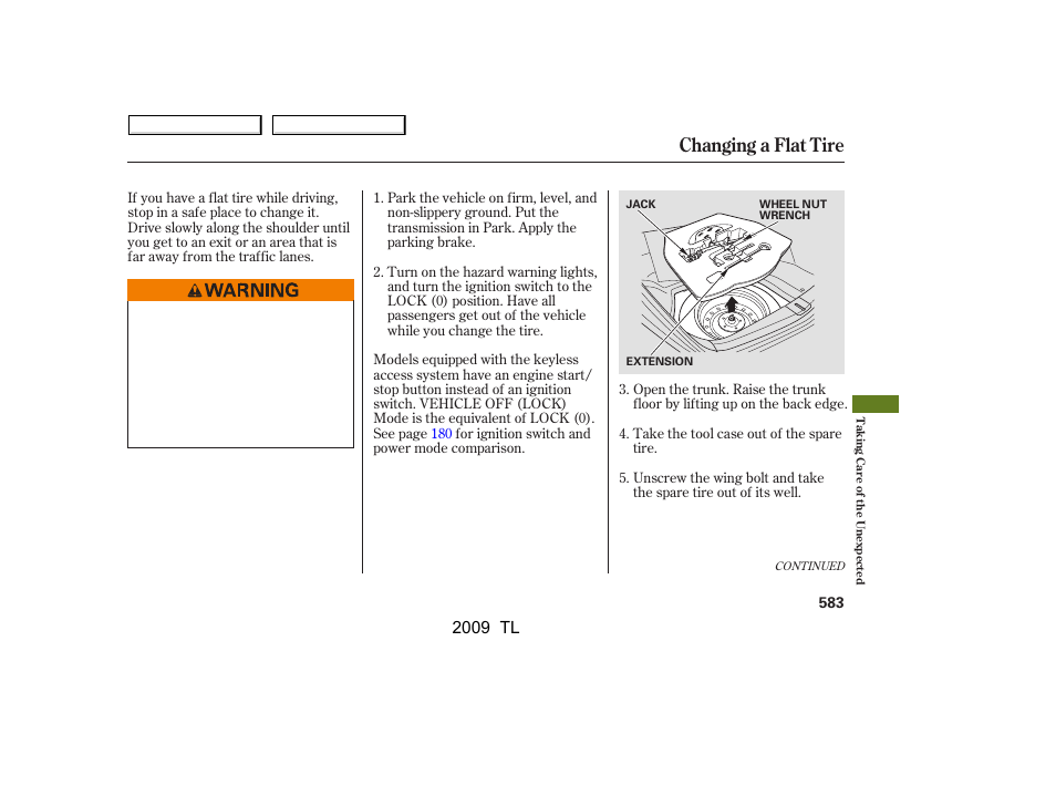 Changing a flat tire, 2009 tl | Acura 2009 TL User Manual | Page 586 / 648
