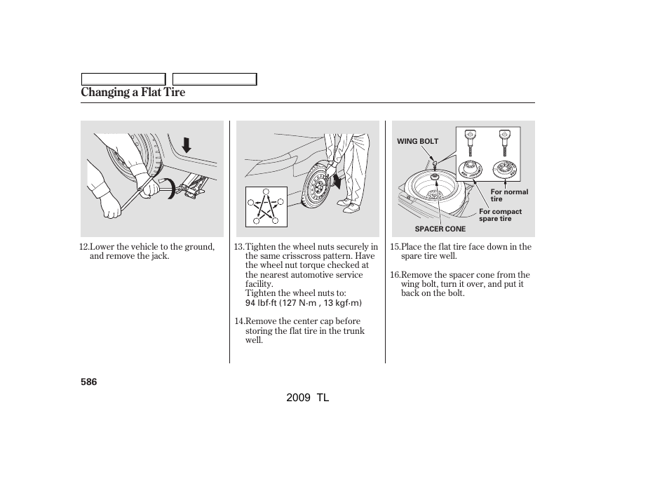 Changing a flat tire | Acura 2009 TL User Manual | Page 589 / 648