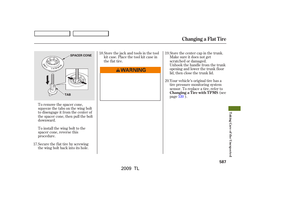 Changing a flat tire, 2009 tl | Acura 2009 TL User Manual | Page 590 / 648