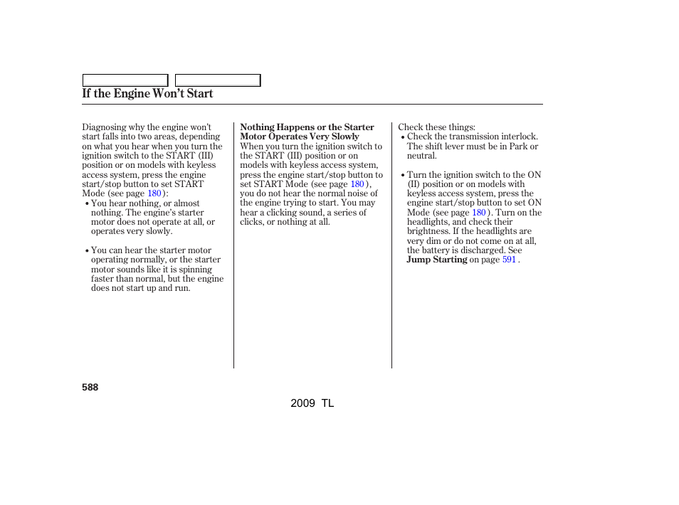 If the engine won’t start | Acura 2009 TL User Manual | Page 591 / 648