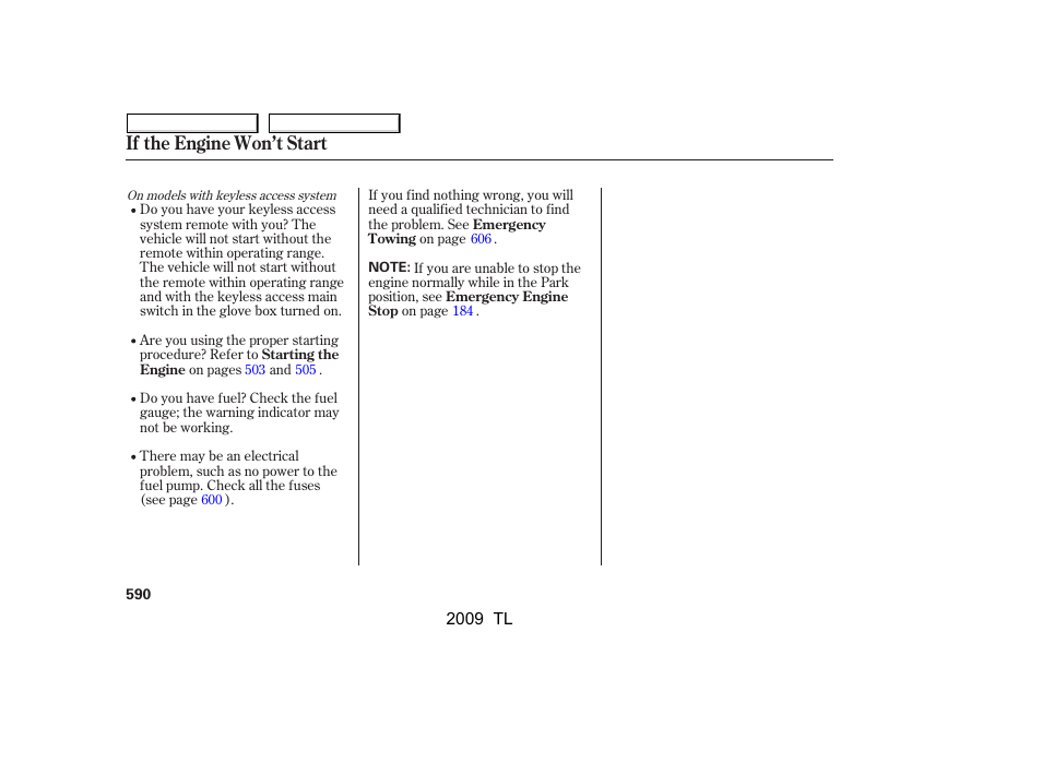 If the engine won’t start | Acura 2009 TL User Manual | Page 593 / 648