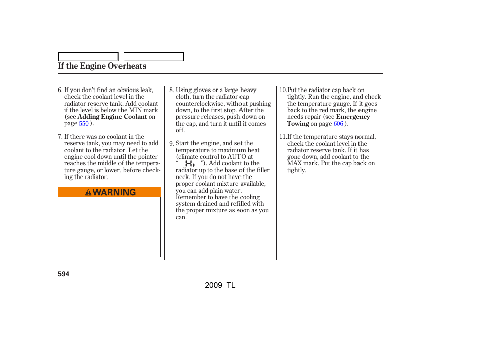 If the engine overheats | Acura 2009 TL User Manual | Page 597 / 648