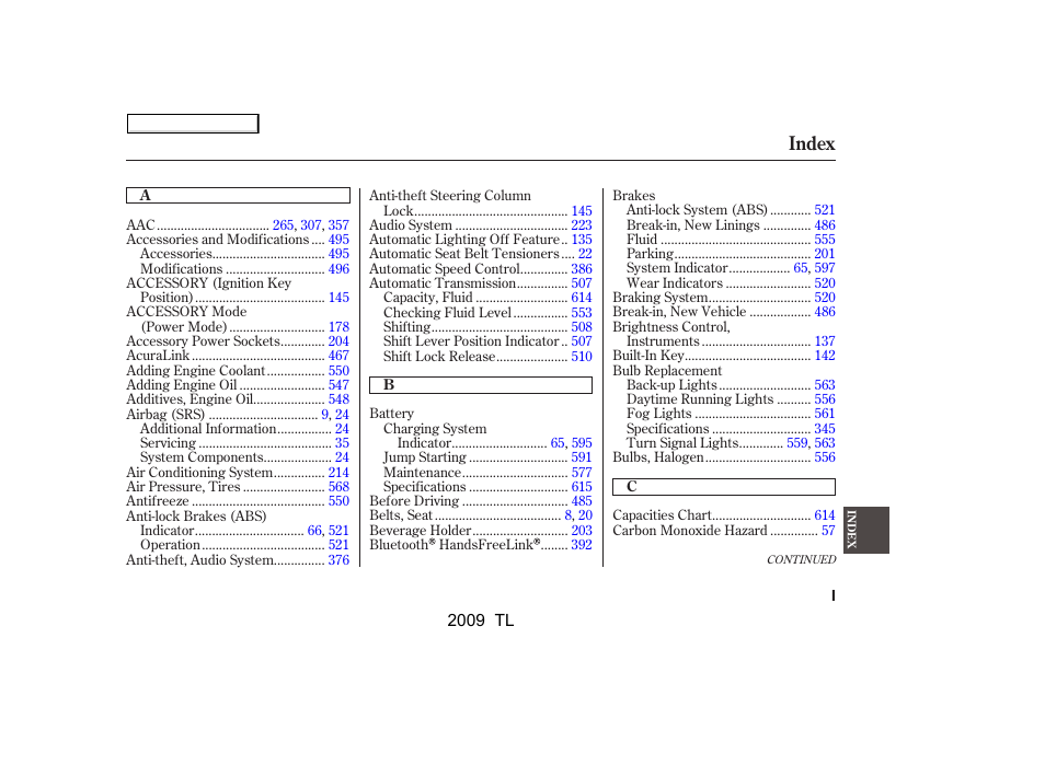 Index | Acura 2009 TL User Manual | Page 638 / 648