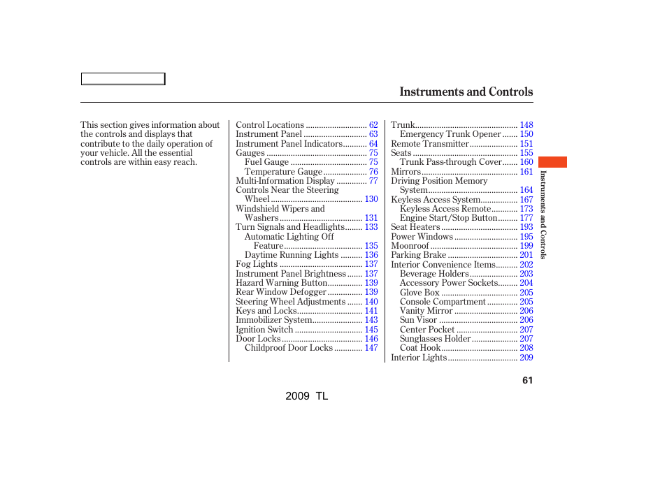 Instruments and controls | Acura 2009 TL User Manual | Page 64 / 648