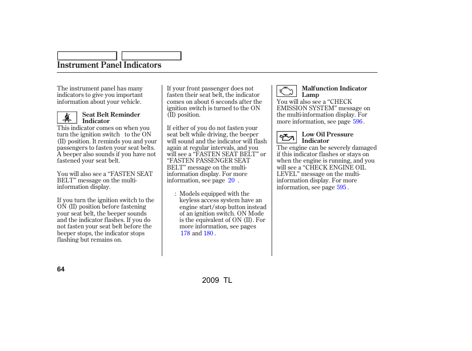 Instrument panel indicators | Acura 2009 TL User Manual | Page 67 / 648