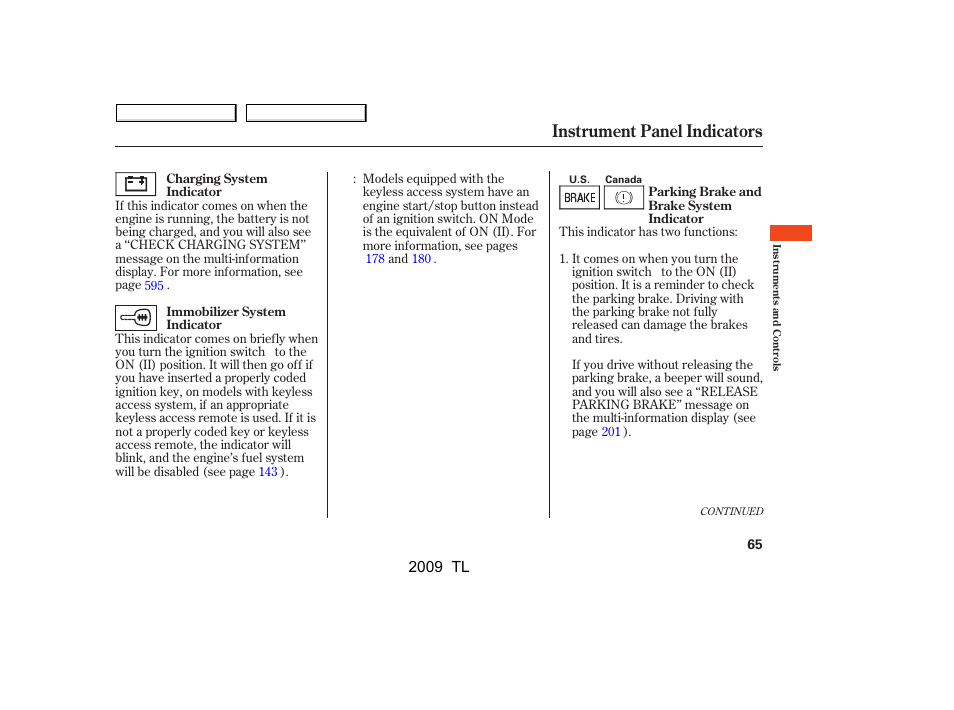 Instrument panel indicators, 2009 tl | Acura 2009 TL User Manual | Page 68 / 648
