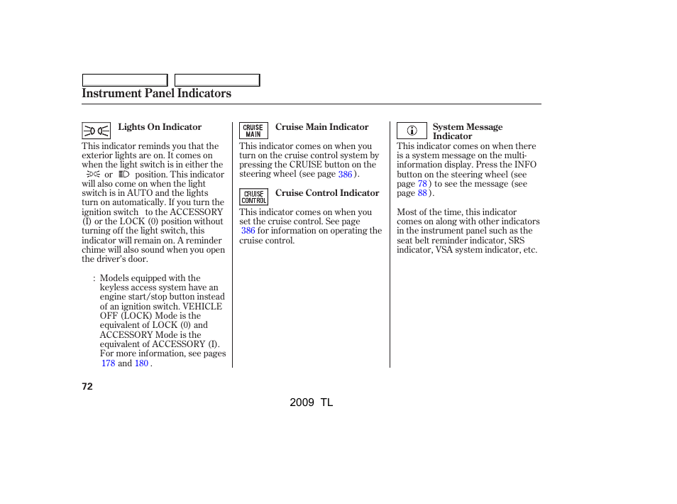 Instrument panel indicators | Acura 2009 TL User Manual | Page 75 / 648