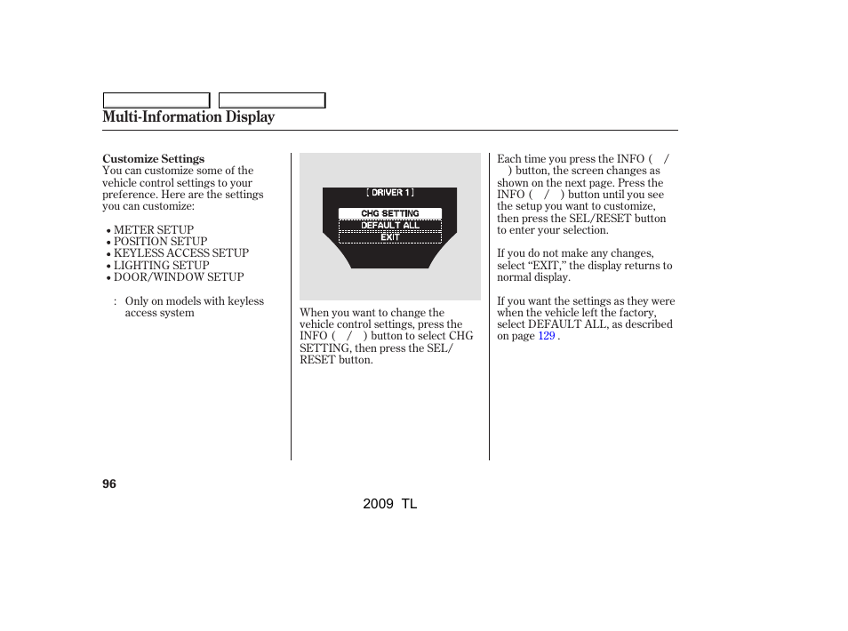 Multi-information display | Acura 2009 TL User Manual | Page 99 / 648
