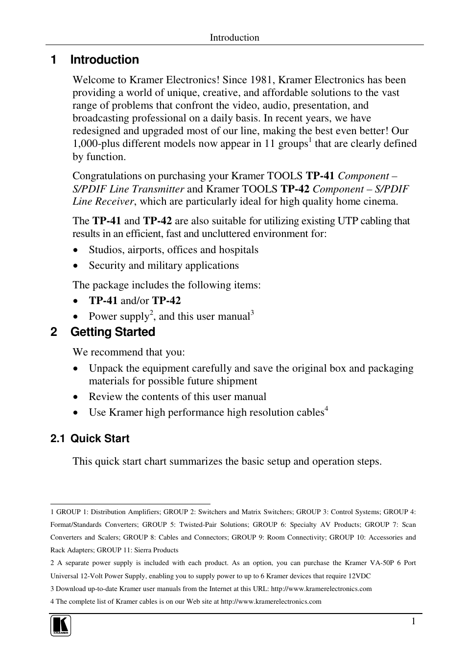 1 introduction, 2 getting started | Kramer Electronics TP-42 User Manual | Page 3 / 15