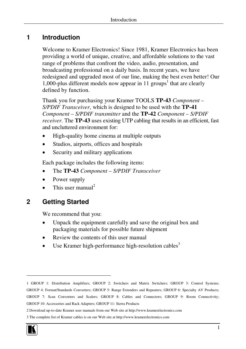 1introduction, 2getting started | Kramer Electronics TP-43 User Manual | Page 5 / 18