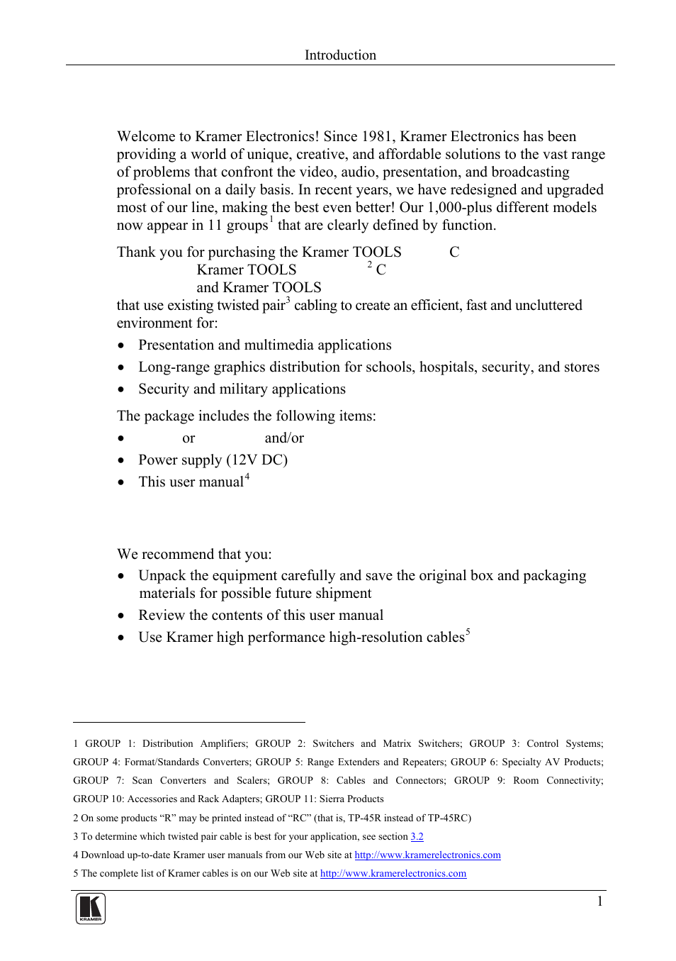 1 introduction, 2 getting started, Introduction | Getting started | Kramer Electronics TP-46 User Manual | Page 3 / 22