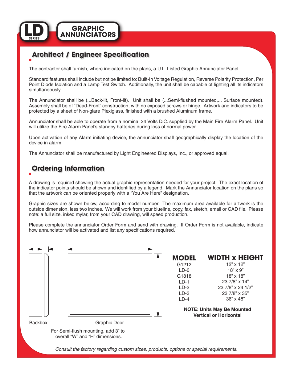 Annunciators graphic, Ordering information, Model | Width x height, Architect / engineer specification | Light Engineered Displays LD Series User Manual | Page 2 / 2