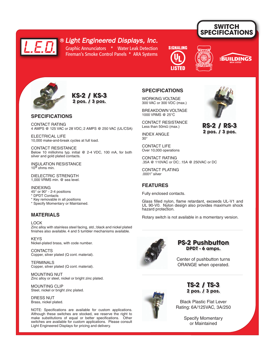 Light Engineered Displays Switch and Lock Specifications User Manual | 1 page