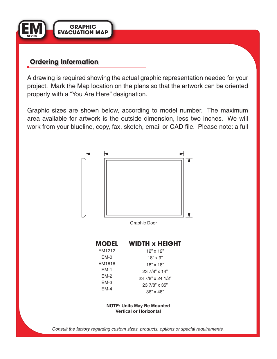 Model, Width x height | Light Engineered Displays EM Series User Manual | Page 2 / 2