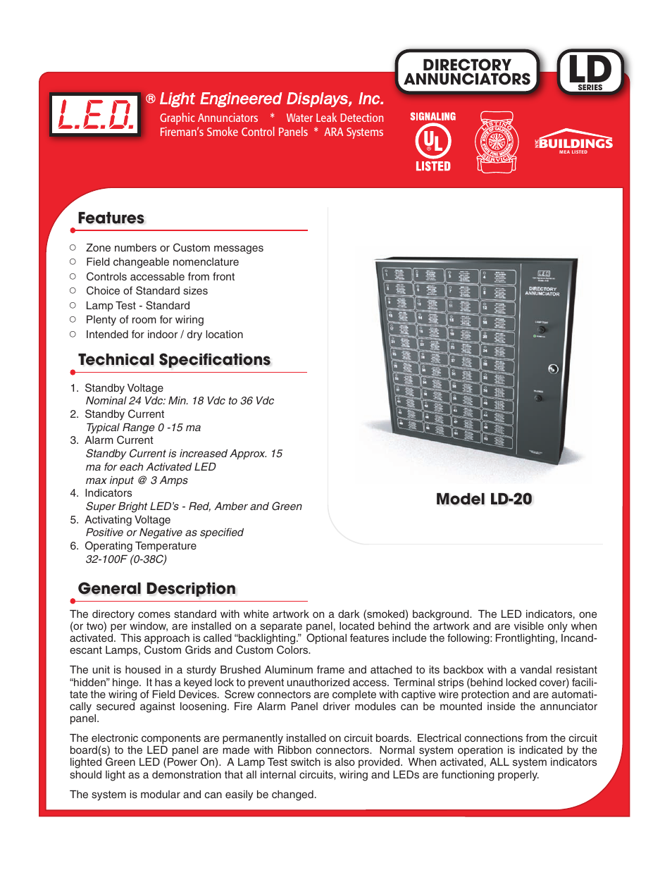 Light Engineered Displays LD Series DIRECTORY ANNUNCIATORS User Manual | 2 pages