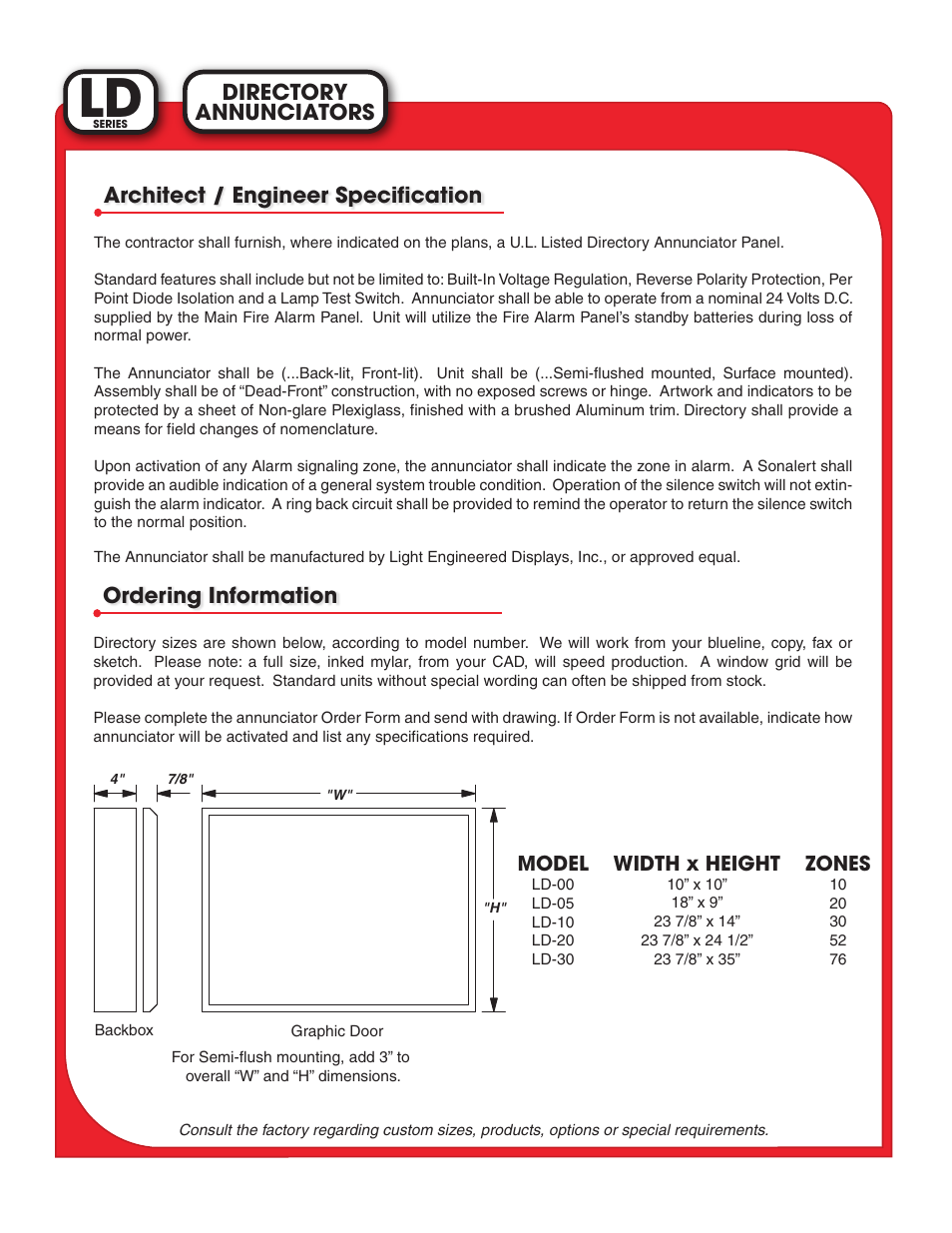 Annunciators directory, Ordering information, Architect / engineer specification | Light Engineered Displays LD Series DIRECTORY ANNUNCIATORS User Manual | Page 2 / 2