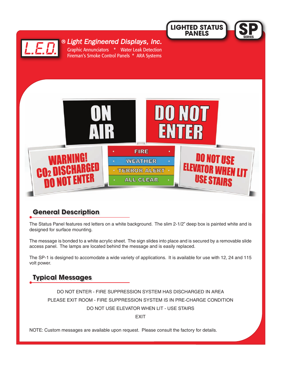 Light Engineered Displays SP Series LIGHTED STATUS PANELS User Manual | 2 pages