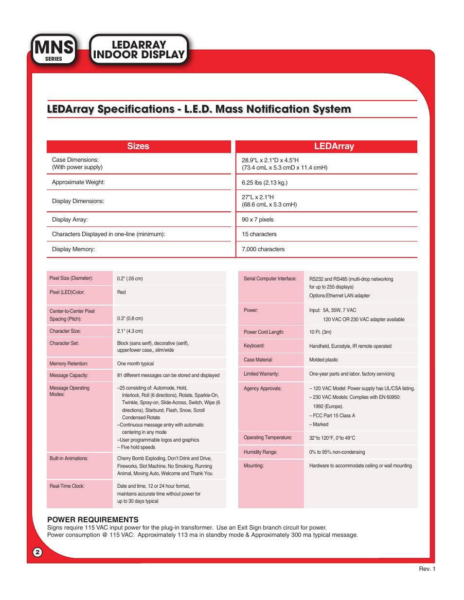 Indoor display ledarray, Sizes ledarray | Light Engineered Displays MNS Series LEDARRAY INDOOR DISPLAY User Manual | Page 2 / 6