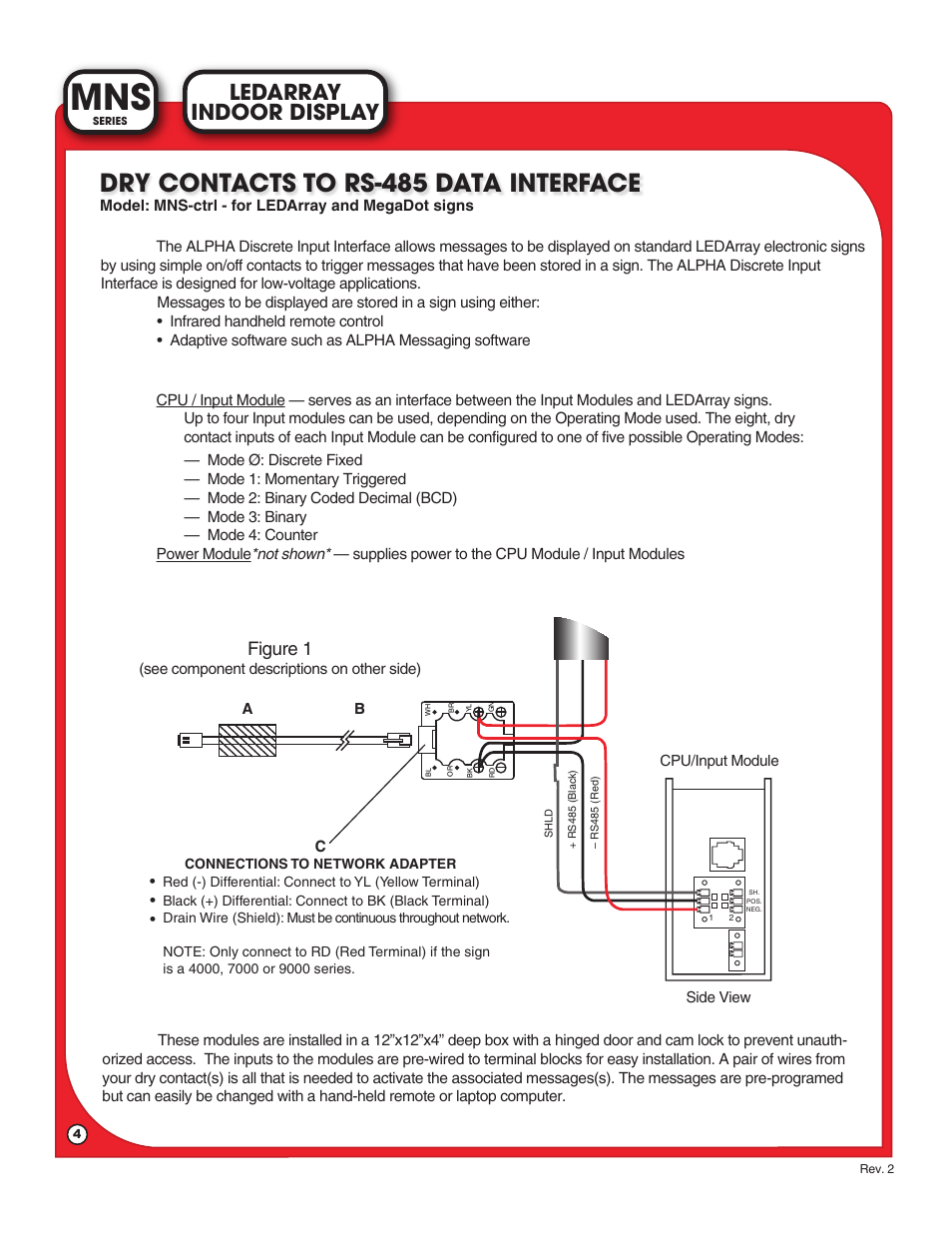 Dry contacts to rs-485 data interface, Indoor display ledarray, Figure 1 | Light Engineered Displays MNS Series LEDARRAY INDOOR DISPLAY User Manual | Page 4 / 6