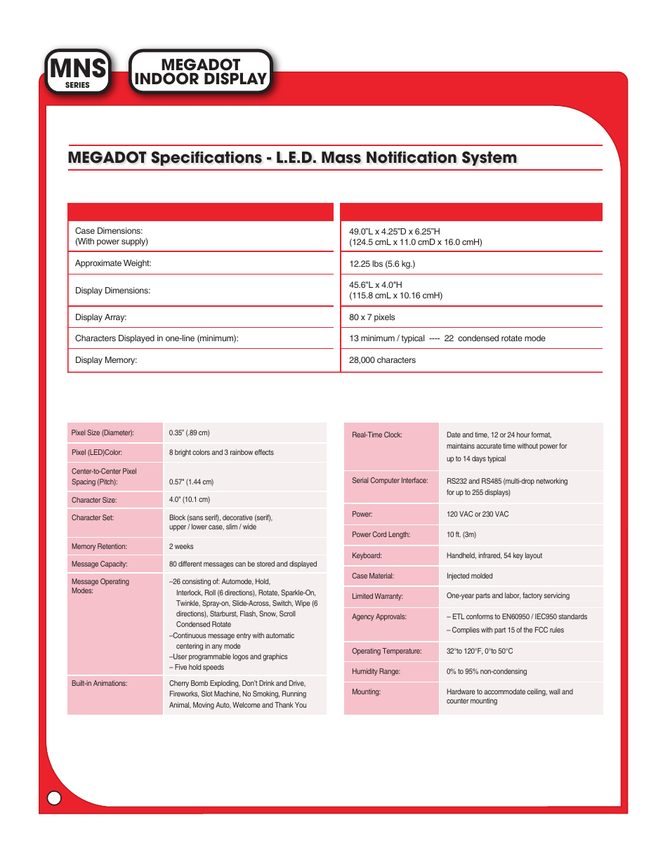 Indoor display megadot, Sizes megadot | Light Engineered Displays MNS Series MEGADOT INDOOR DISPLAY User Manual | Page 2 / 2
