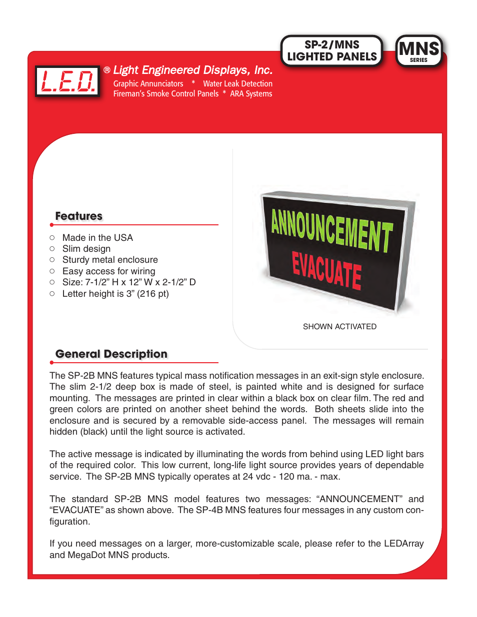 Light Engineered Displays MNS Series SP-2/MNS LIGHTED PANELS User Manual | 2 pages
