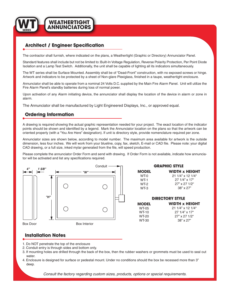 Annunciators weathertight | Light Engineered Displays WT Series User Manual | Page 2 / 2