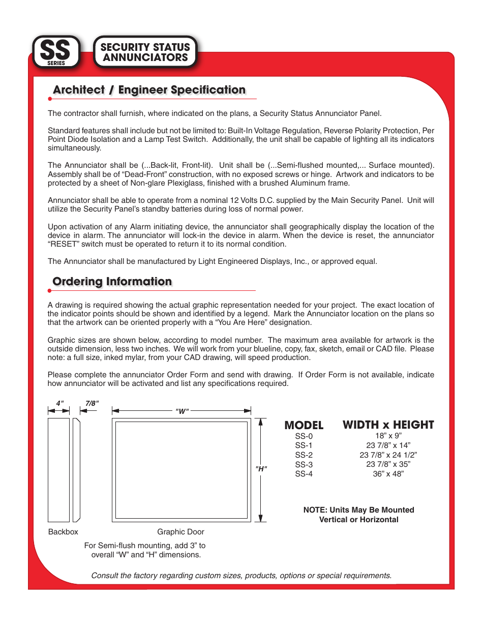 Model, Width x height, Architect / engineer specification | Ordering information, Annunciators security status | Light Engineered Displays SS Series User Manual | Page 2 / 2