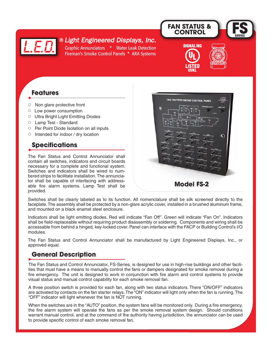 Light Engineered Displays FS Series FAN STATUS & CONTROL User Manual | 2 pages