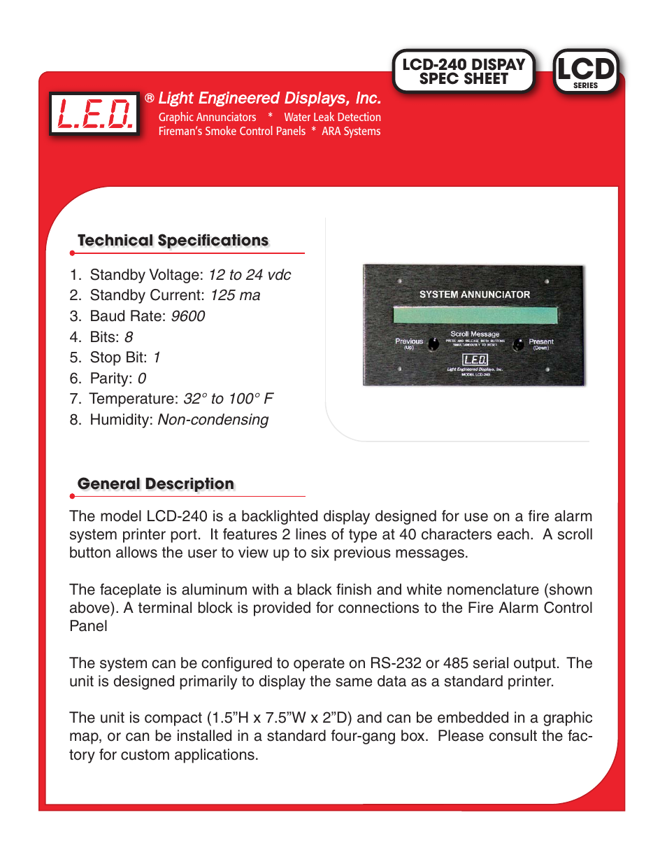 Light Engineered Displays LCD-240 Alpha/Numeric Display User Manual | 2 pages