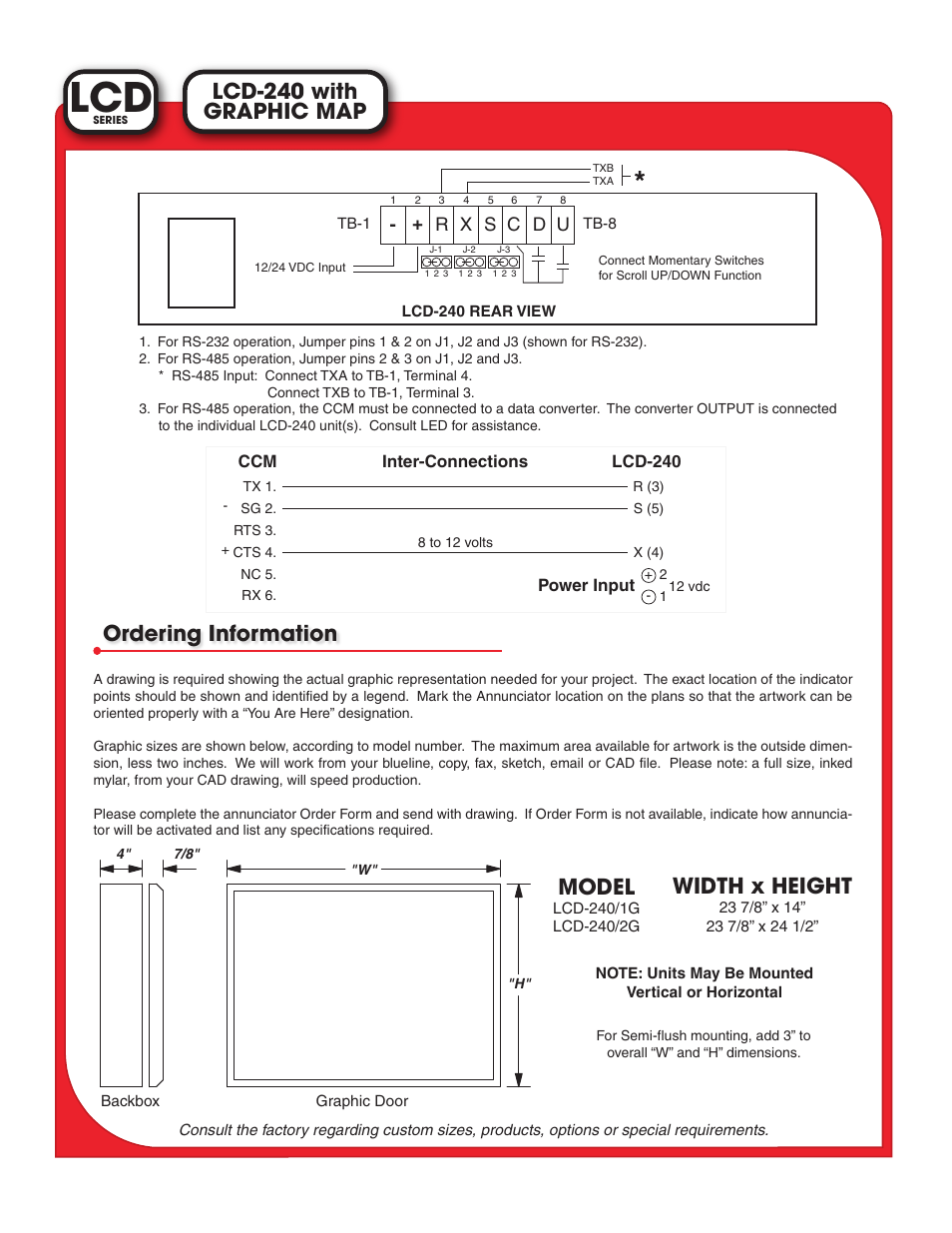 Ordering information, Model, Width x height | Graphic map lcd-240 with | Light Engineered Displays LCD-240G Graphic Map w/ Display User Manual | Page 2 / 2