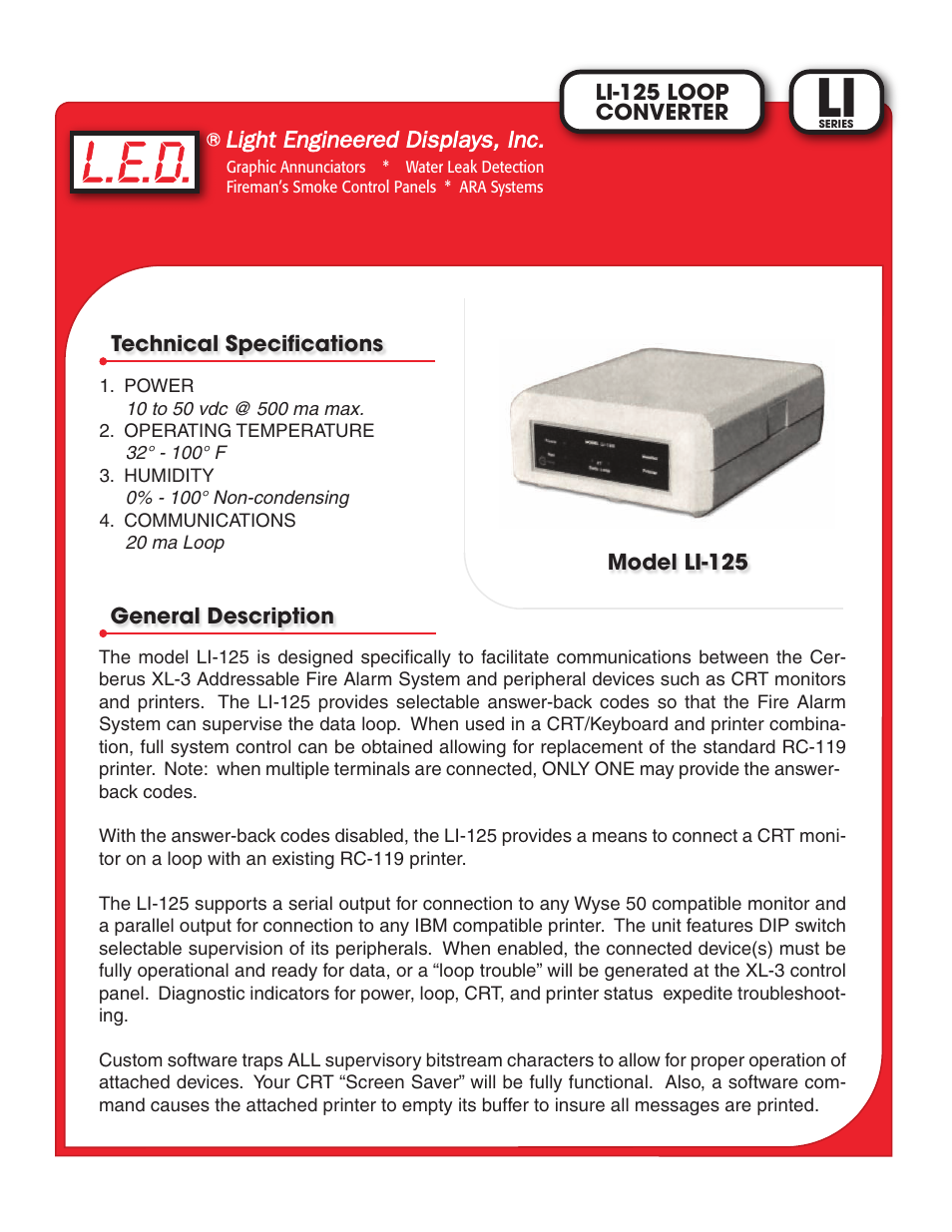 Light Engineered Displays LI Loop Converter Interface User Manual | 2 pages
