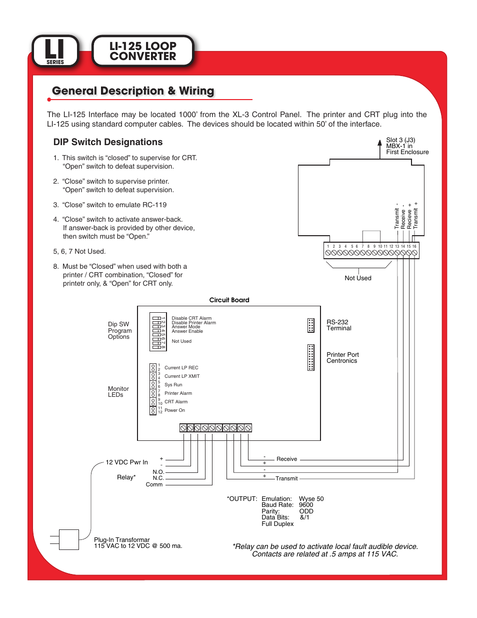 Converter li-125 loop, General description & wiring, Dip switch designations | Light Engineered Displays LI Loop Converter Interface User Manual | Page 2 / 2