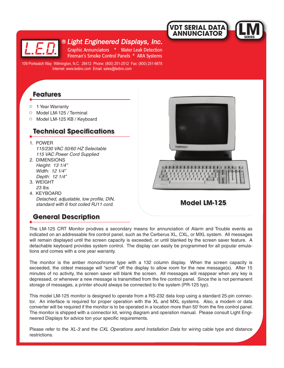 Light Engineered Displays VDT Serial Data Annunciator User Manual | 1 page