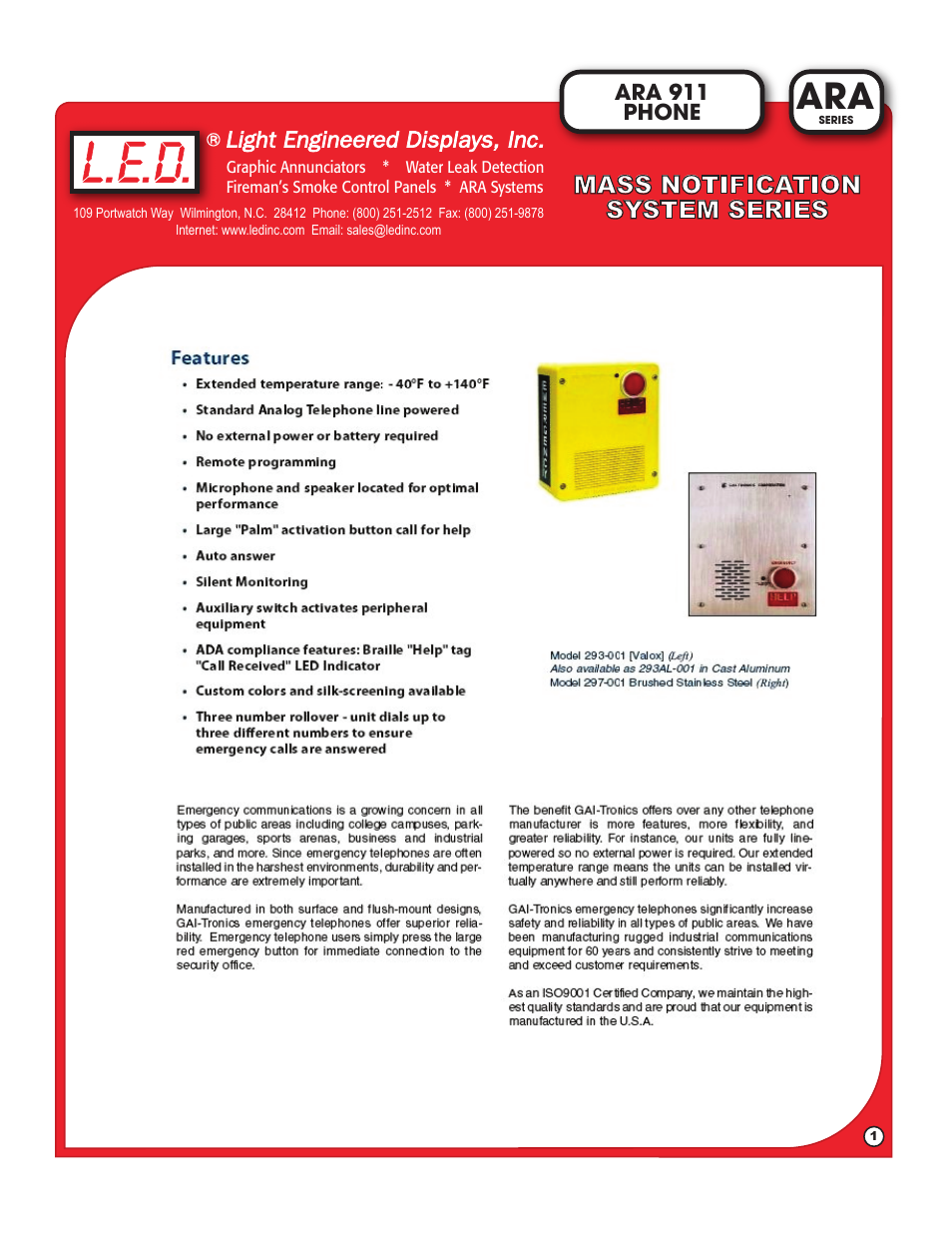 Light Engineered Displays ARA 911 Phone User Manual | 2 pages