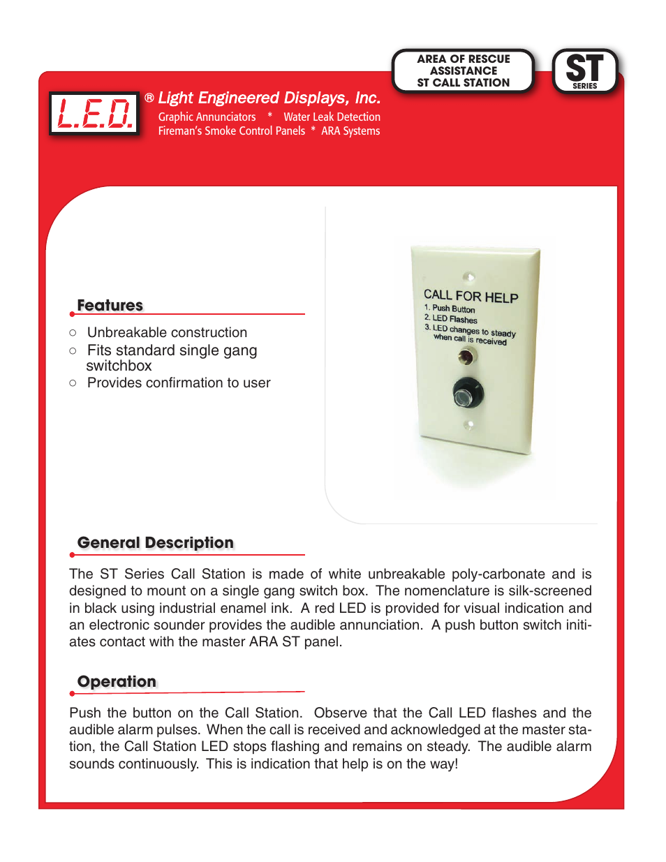 Light Engineered Displays Call Station (ST) User Manual | 1 page