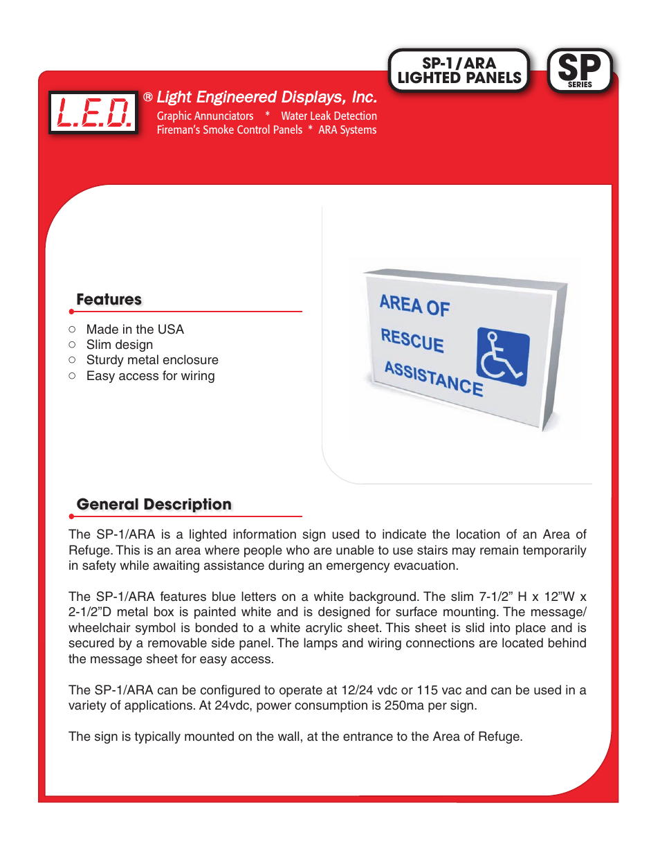 Light Engineered Displays SP-1/ARA Lighted Panels User Manual | 1 page