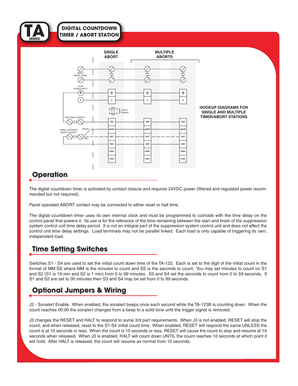 Operation, Time setting switches, Optional jumpers & wiring | Timer / abort station digital countdown | Light Engineered Displays TA Series - Digital Countdown Timer User Manual | Page 2 / 2