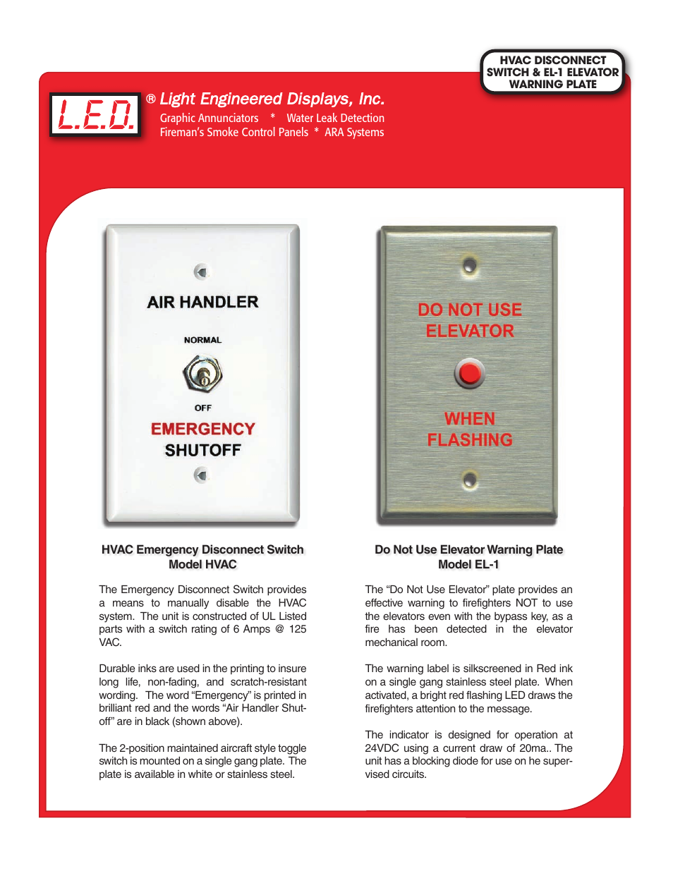 Light Engineered Displays HVAC and Elevator Warning Plates User Manual | 1 page