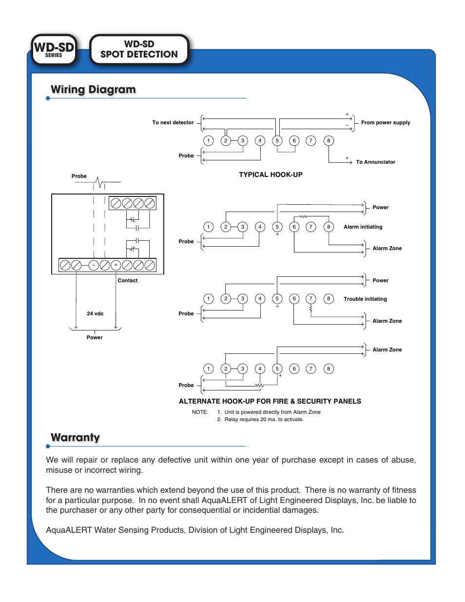 Wd-sd, Wiring diagram warranty, Spot detection wd-sd | Light Engineered Displays WD-SD Series - Spot Detector User Manual | Page 2 / 2