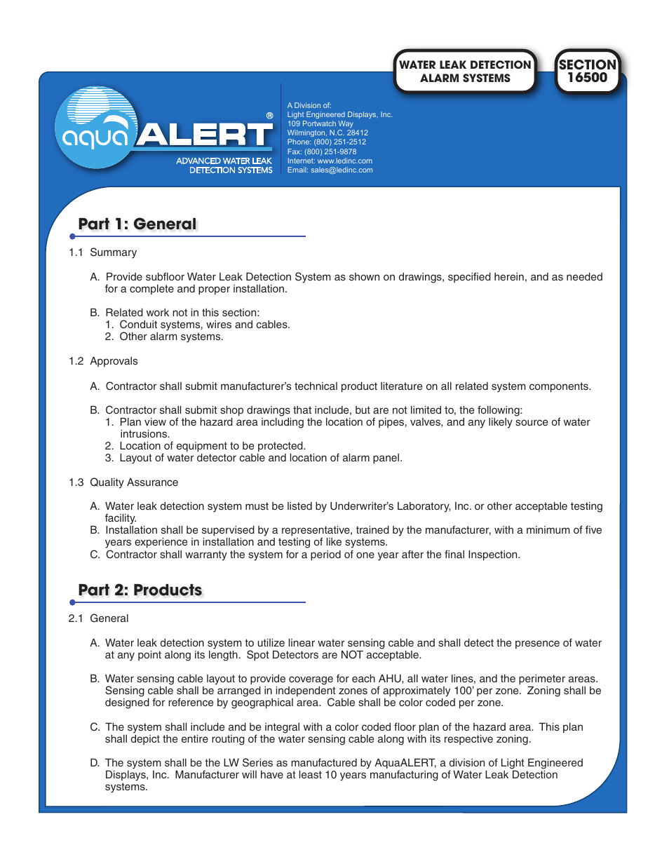 Light Engineered Displays Section 16500 Specs User Manual | 2 pages