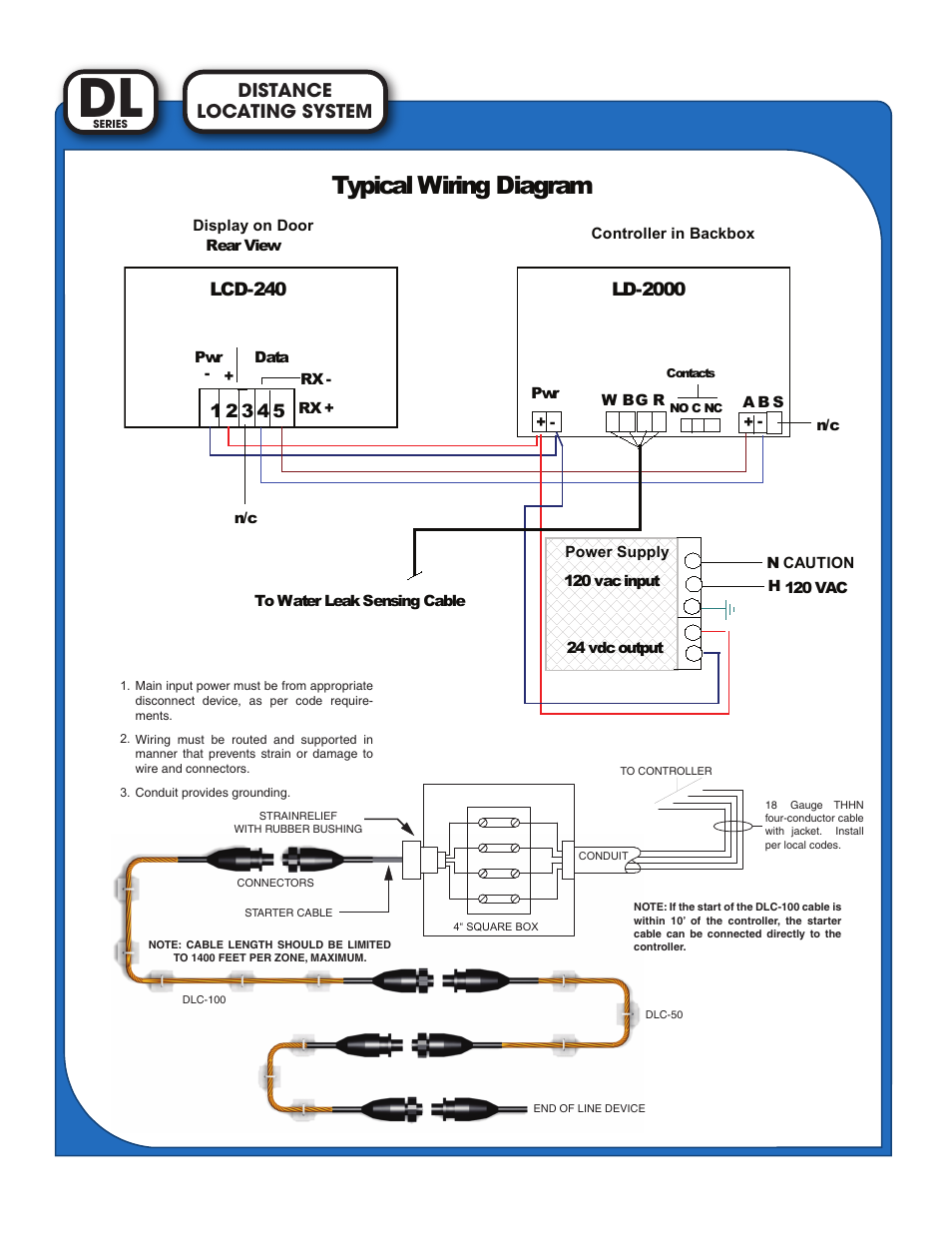 Typical wiring diagram, Locating system distance | Light Engineered Displays Linear Detection with Footage Marks User Manual | Page 2 / 2