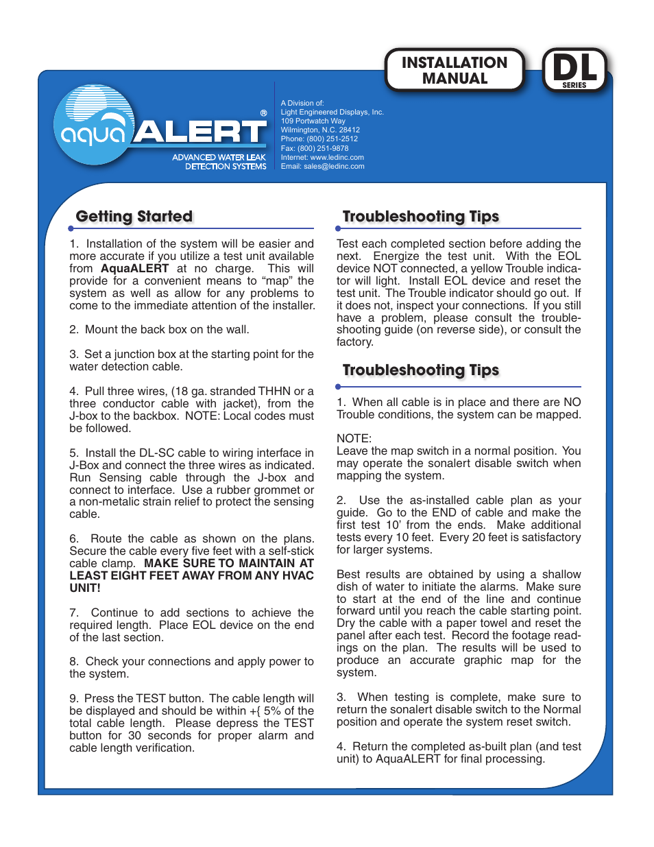 Light Engineered Displays AquaAlert Installation Guide User Manual | 2 pages