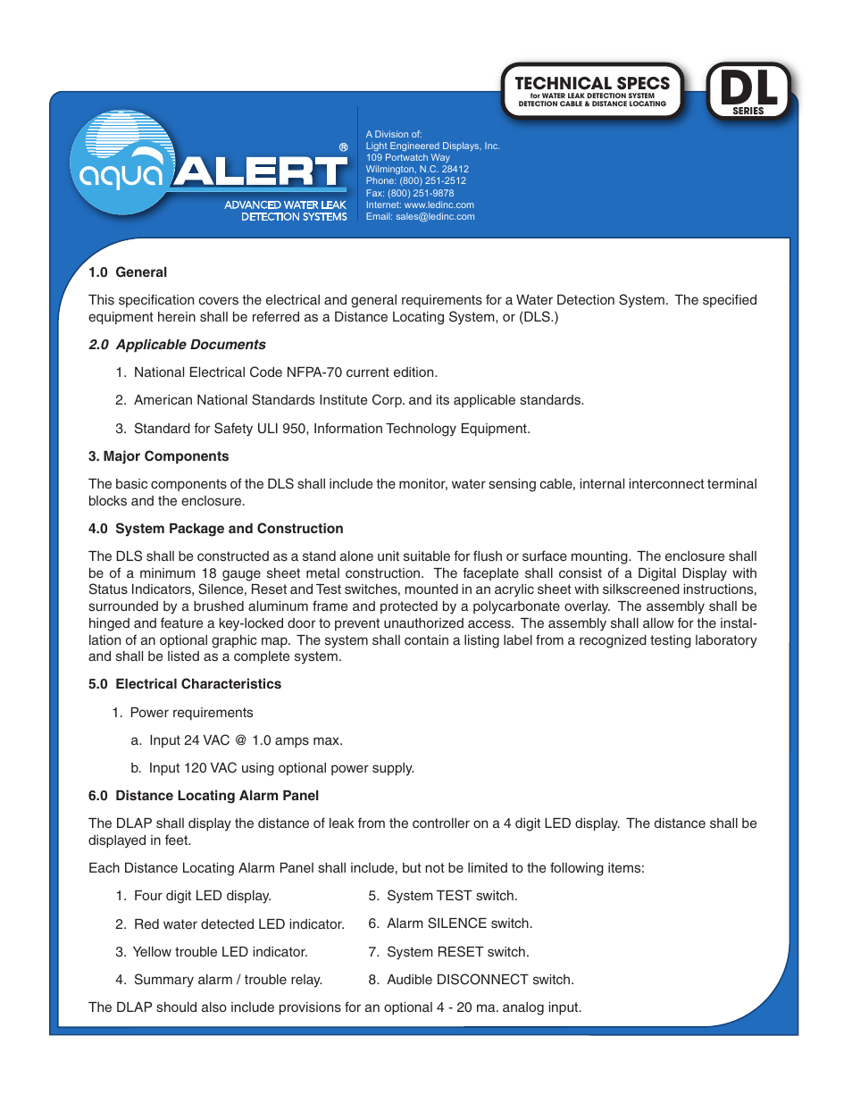 Light Engineered Displays AquaAlert Technical Specifications User Manual | 2 pages